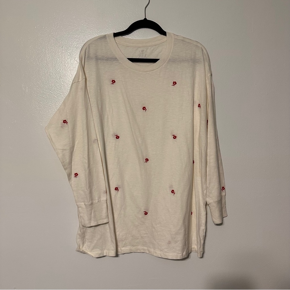 Aerie Embroidered Oversized Long Sleeve Tee Shirt Top size Large White Red NWT